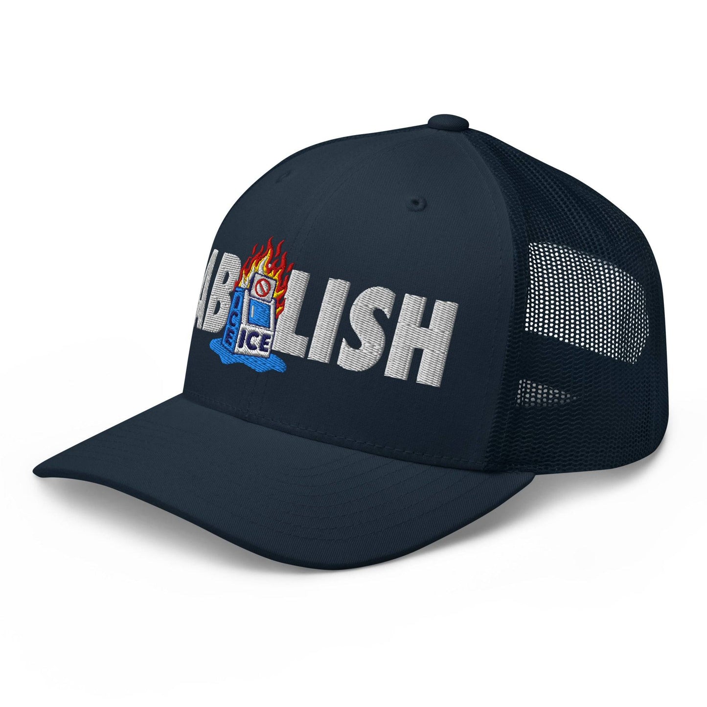 Navy ABOLISH Burning ICE Machine Trucker Hat by TheBlackest Co. with black mesh back and bold embroidered statement on front panel.