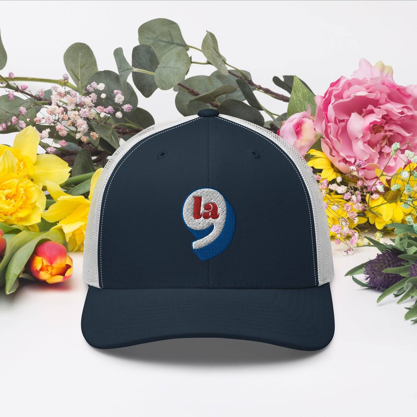 Red White Blue Comma La Harris Trucker Cap with flowers