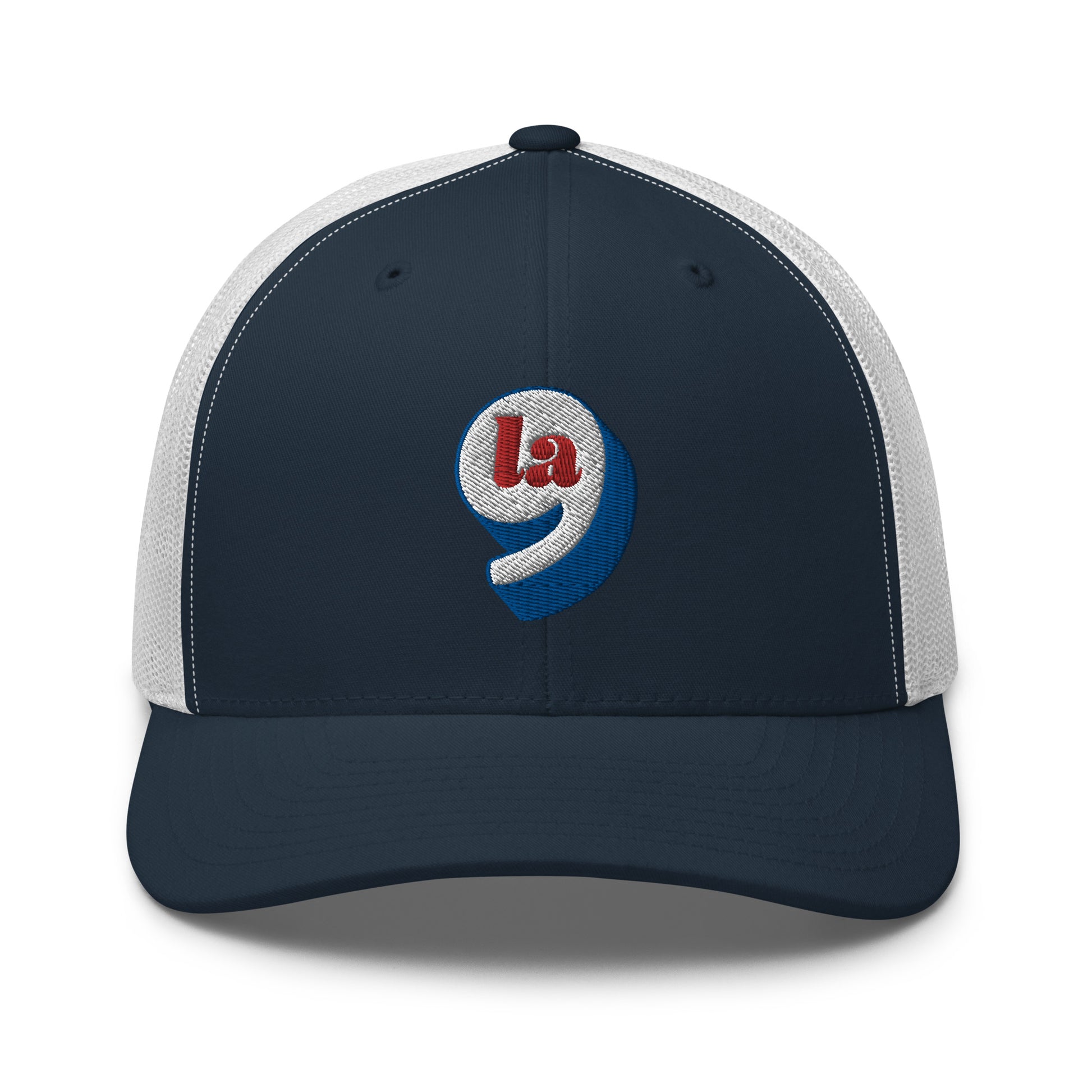 Front view of Red White Blue Comma La Harris Trucker Cap