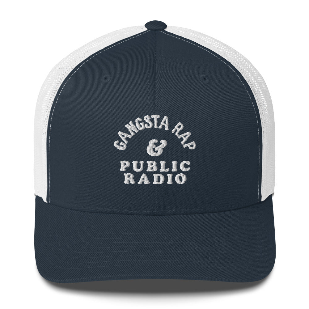 Navy and white Gangsta Rap & Public Radio Retro Trucker Cap featuring white mesh back and bold embroidered front text.