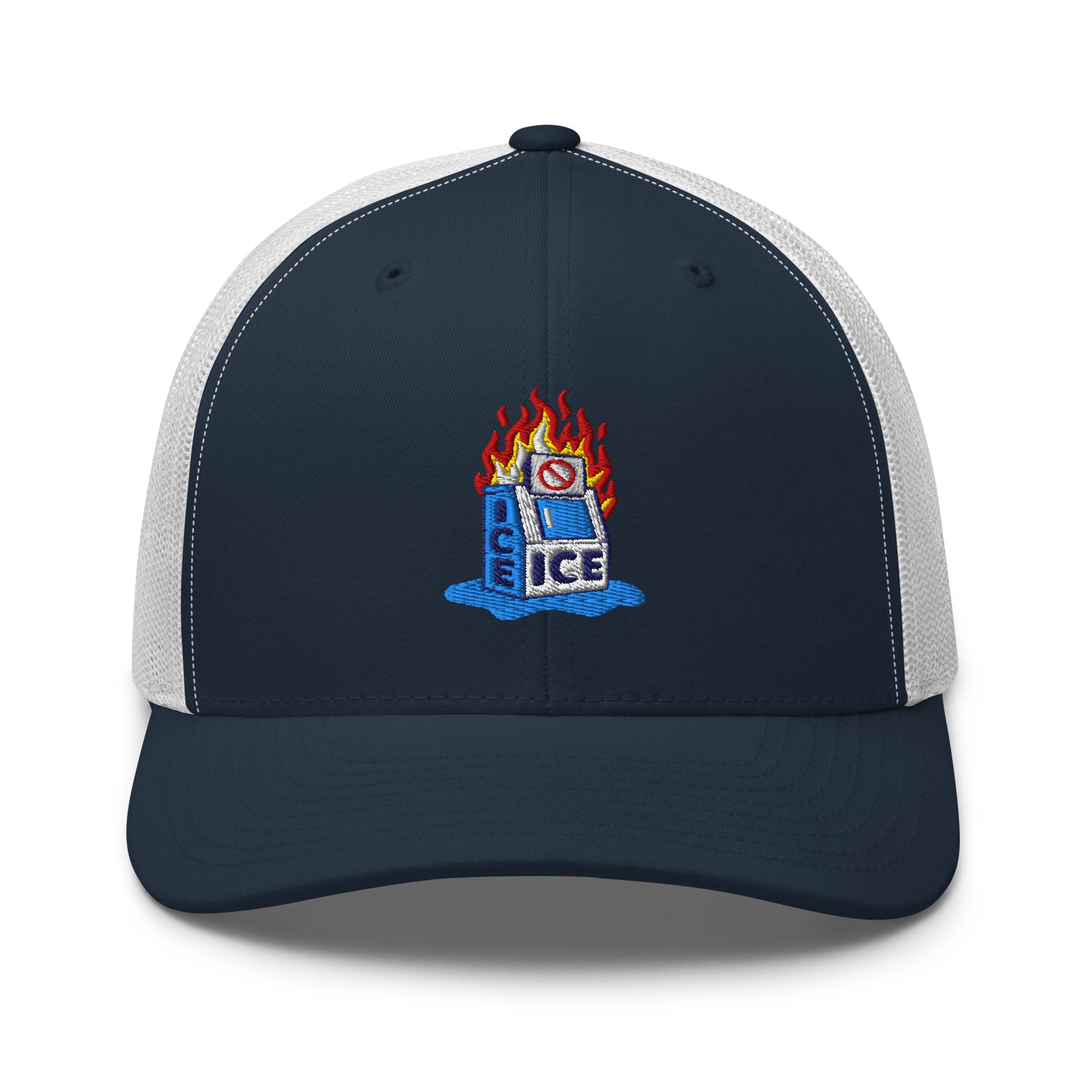 Navy and white Abolish ICE Burning Machine Trucker Hat by TheBlackest Co., combining breathable mesh and bold embroidered statement.