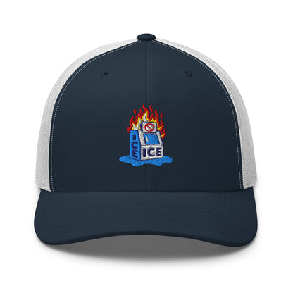 Navy and white Abolish ICE Burning Machine Trucker Hat by TheBlackest Co., combining breathable mesh and bold embroidered statement.