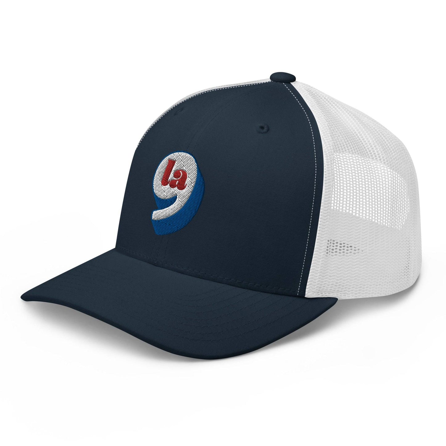 Side view of Red White Blue Comma La Harris Trucker Cap