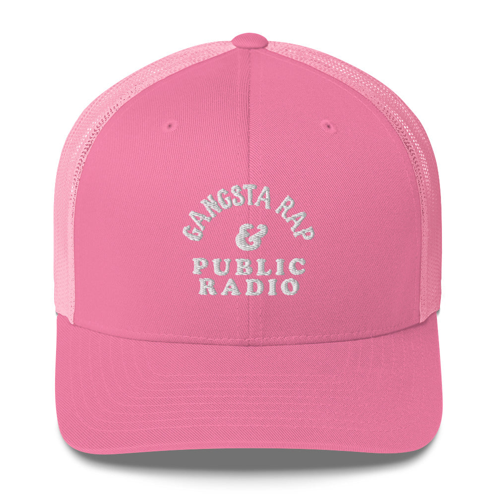 Pink Gangsta Rap & Public Radio Retro Trucker Cap with matching mesh back and white embroidered text for a bold, playful look.