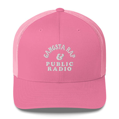 Pink Gangsta Rap & Public Radio Retro Trucker Cap with matching mesh back and white embroidered text for a bold, playful look.