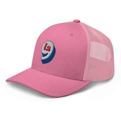 Side view of pink mesh Red White Blue Comma La Cap