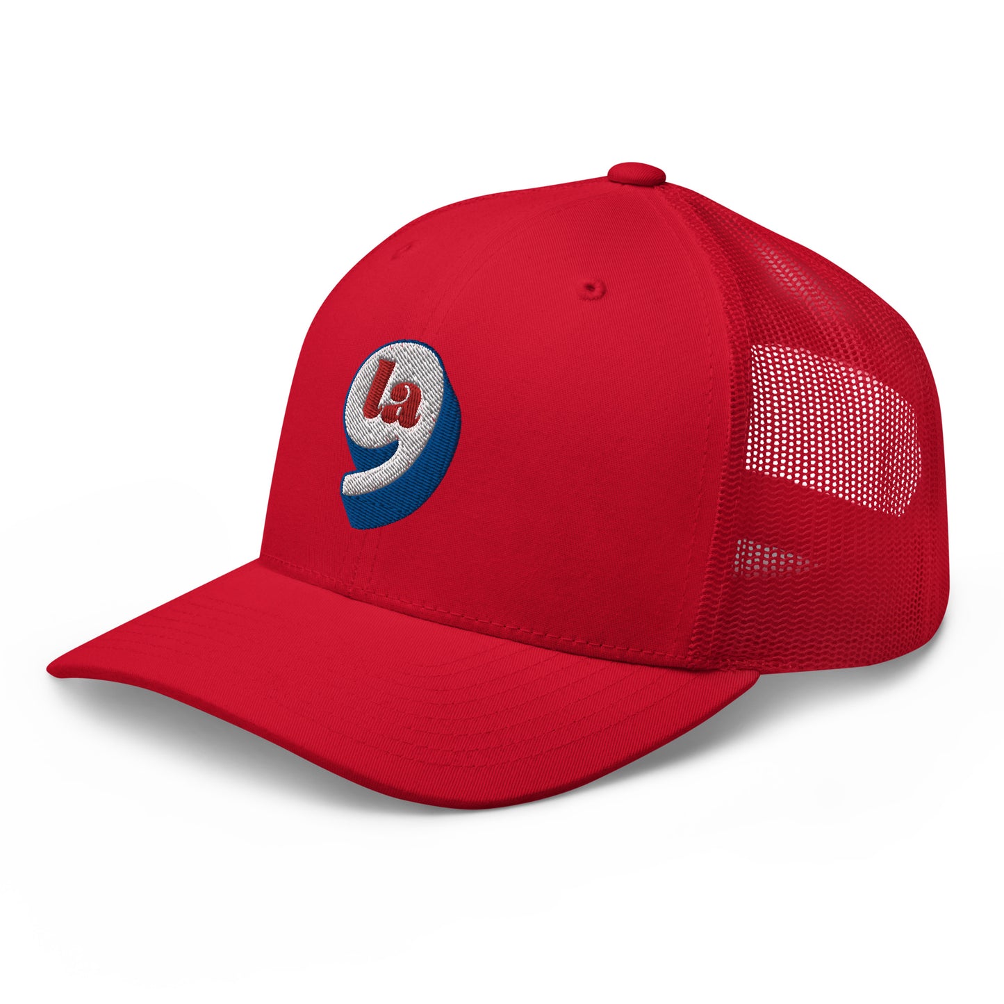 Side view of red mesh Red White Blue Comma La Cap