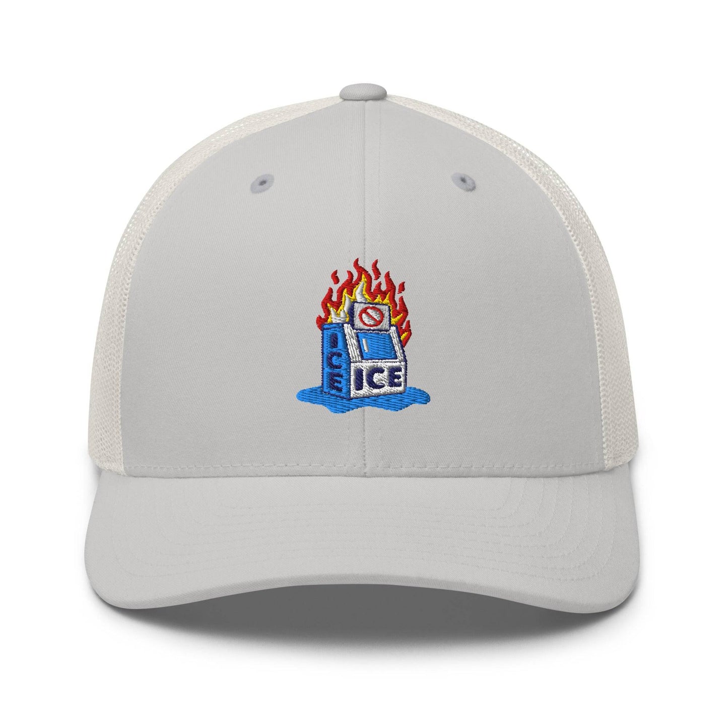 Light gray Abolish ICE Burning Machine Trucker Hat by TheBlackest Co., showcasing breathable mesh and colorful protest embroidery.