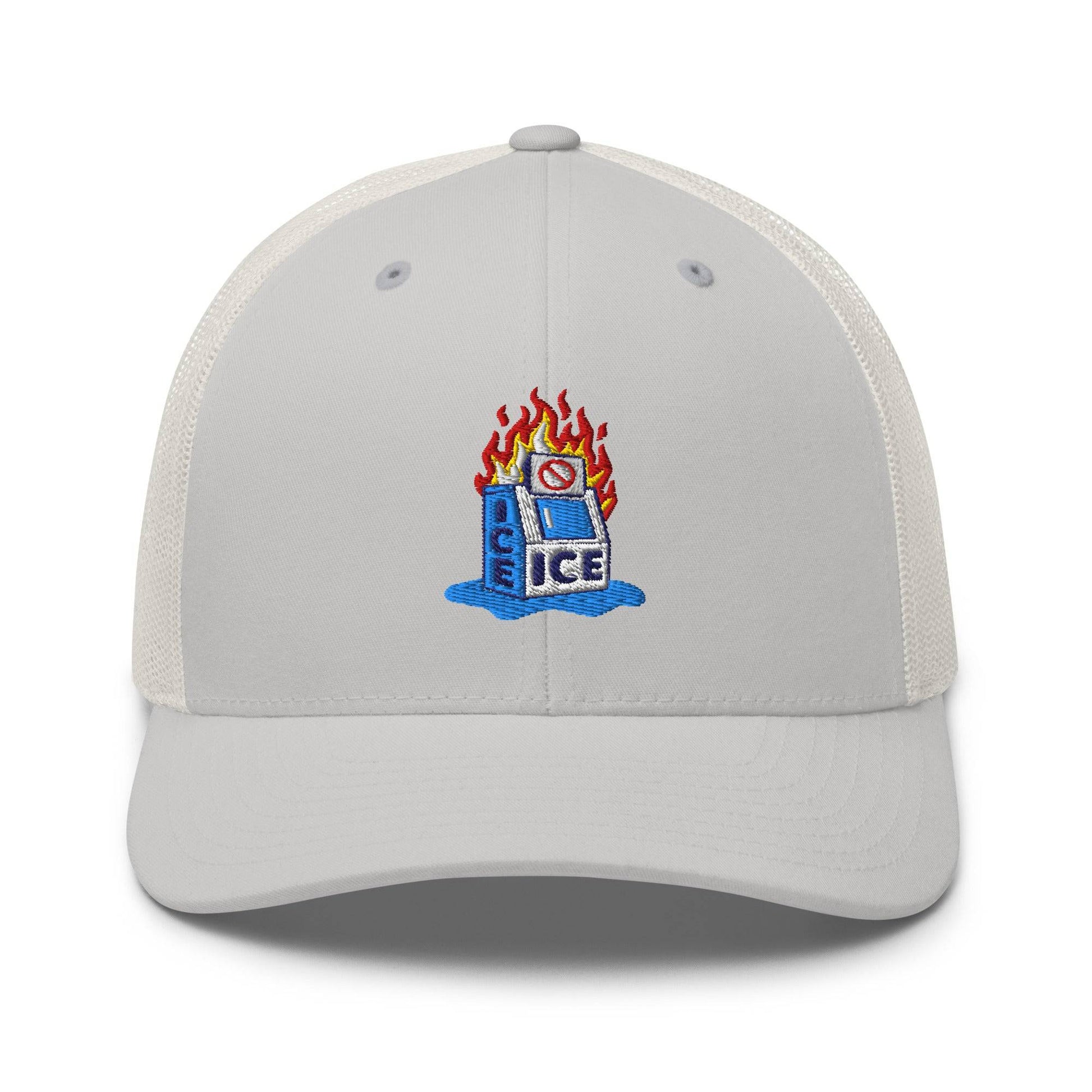 Light gray Abolish ICE Burning Machine Trucker Hat by TheBlackest Co., showcasing breathable mesh and colorful protest embroidery.