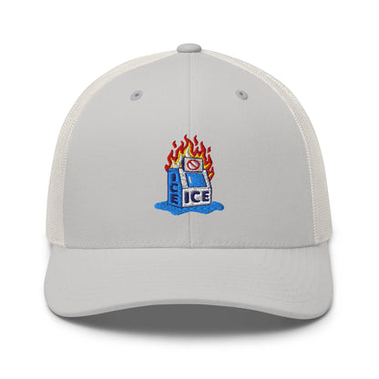 Light gray Abolish ICE Burning Machine Trucker Hat by TheBlackest Co., showcasing breathable mesh and colorful protest embroidery.