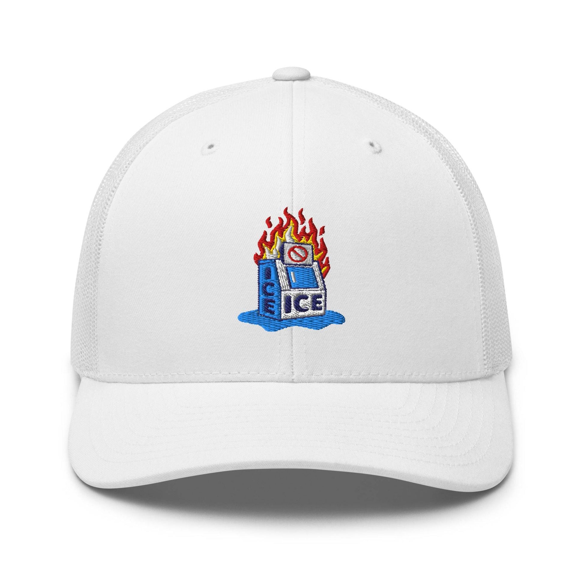 White Abolish ICE Burning Machine Trucker Hat by TheBlackest Co., featuring vibrant embroidered design and adjustable snapback closure.