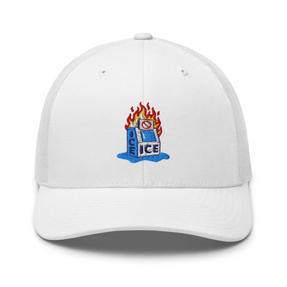 White Abolish ICE Burning Machine Trucker Hat by TheBlackest Co., featuring vibrant embroidered design and adjustable snapback closure.