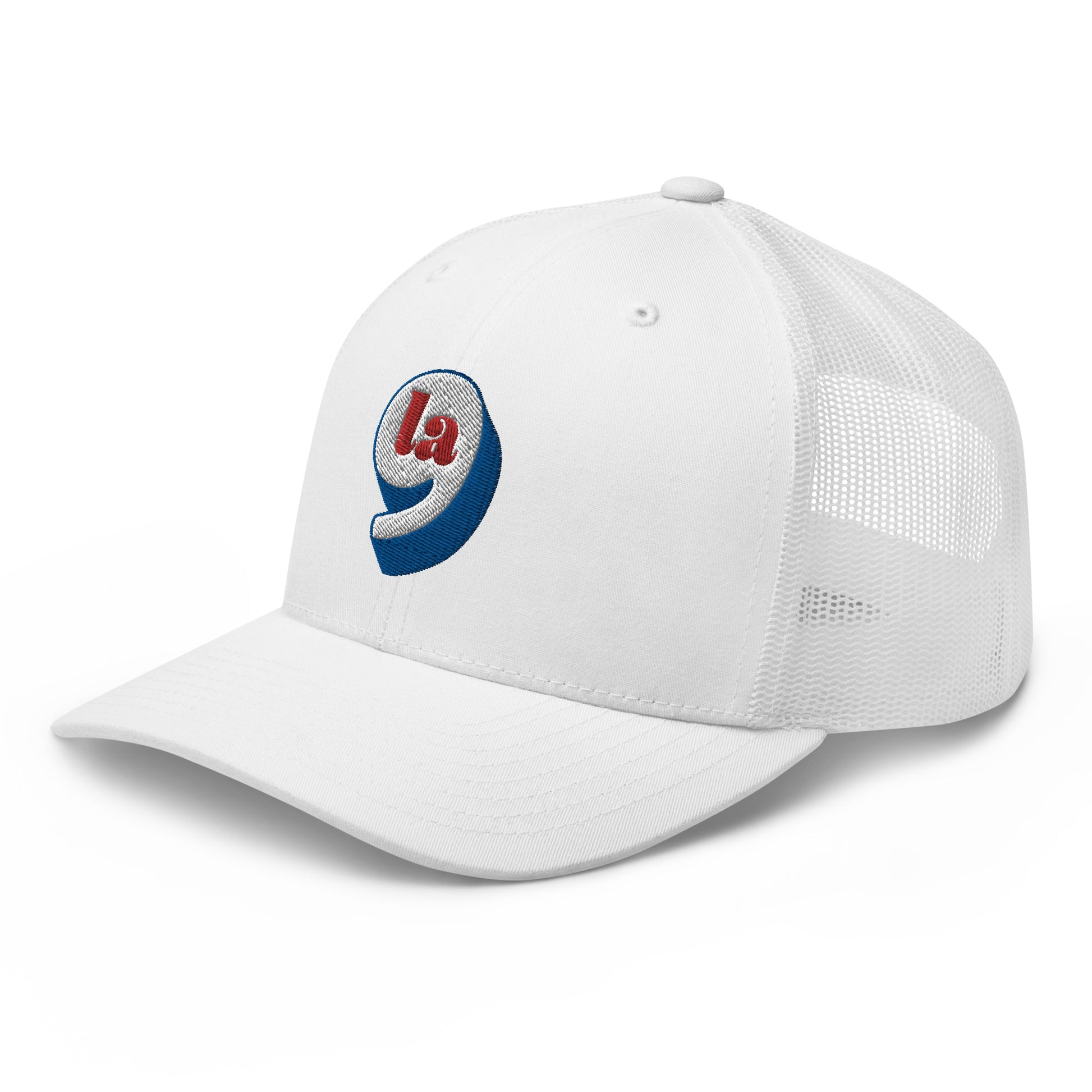 Side view of white mesh Red White Blue Comma La Cap