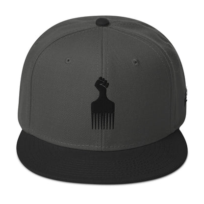 gray and black snapback hat with raised fist pick and blackest co logo embroidery