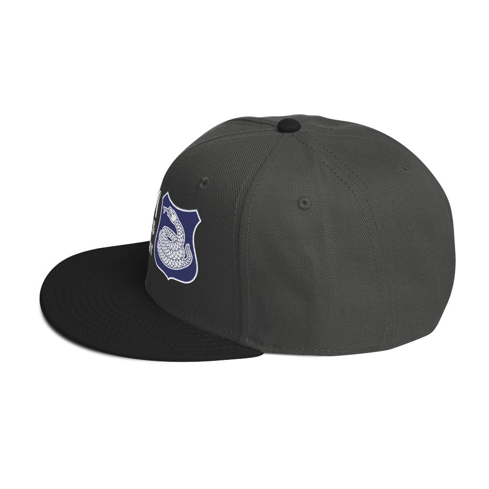 a grey hat with a white and purple rattlesnake crest on it with text that reads harlem hellfighters 369th infantry regiment