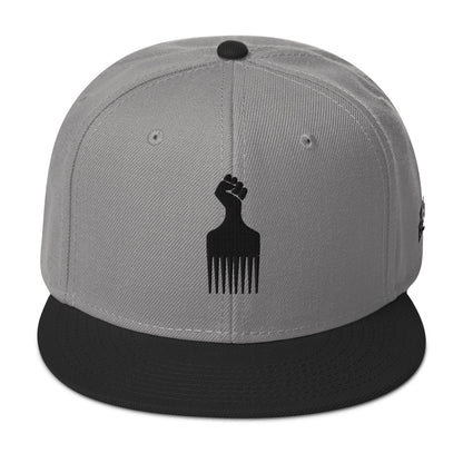 light gray and black snapback hat with raised fist pick and blackest co logo embroidery