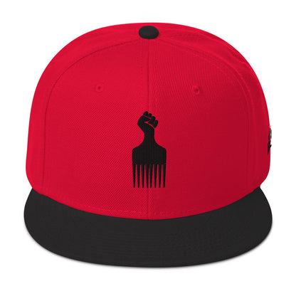 red and black snapback hat with raised fist pick and blackest co logo embroidery