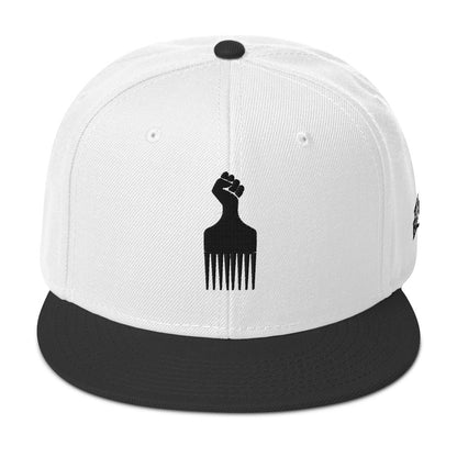 white and black snapback hat with raised fist pick and blackest co logo embroidery
