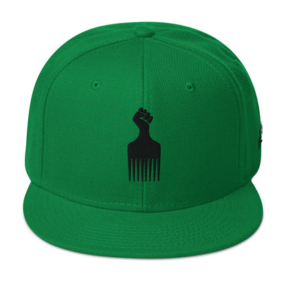green snapback hat with raised fist pick and blackest co logo embroidery