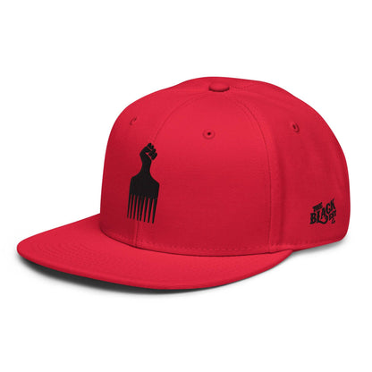 red snapback hat with raised fist pick and blackest co logo embroidery