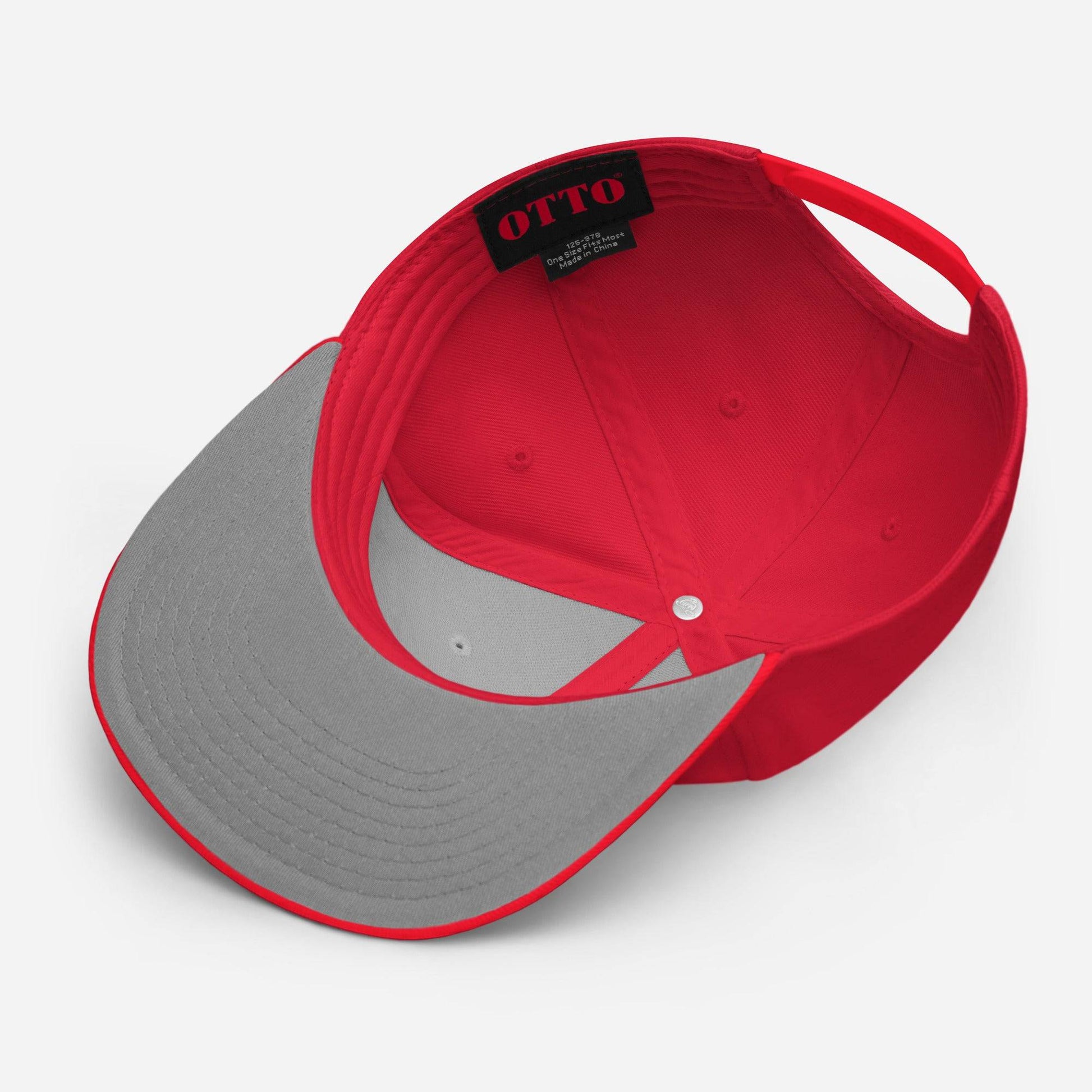 red snapback hat with grey underbill
