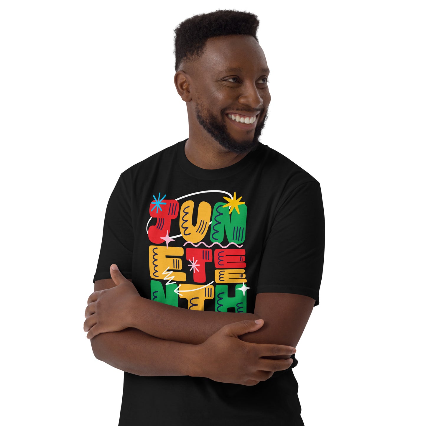 a man with his arms crossed wearing a black shirt with the words juneteenth on it