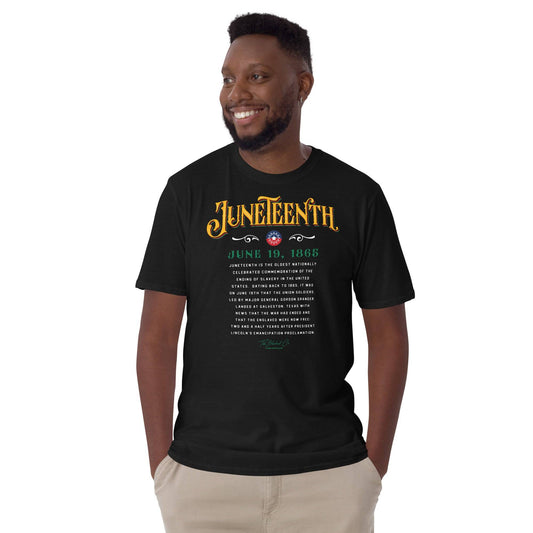 a man wearing a black t - shirt with Juneteenth and the history of it written on it