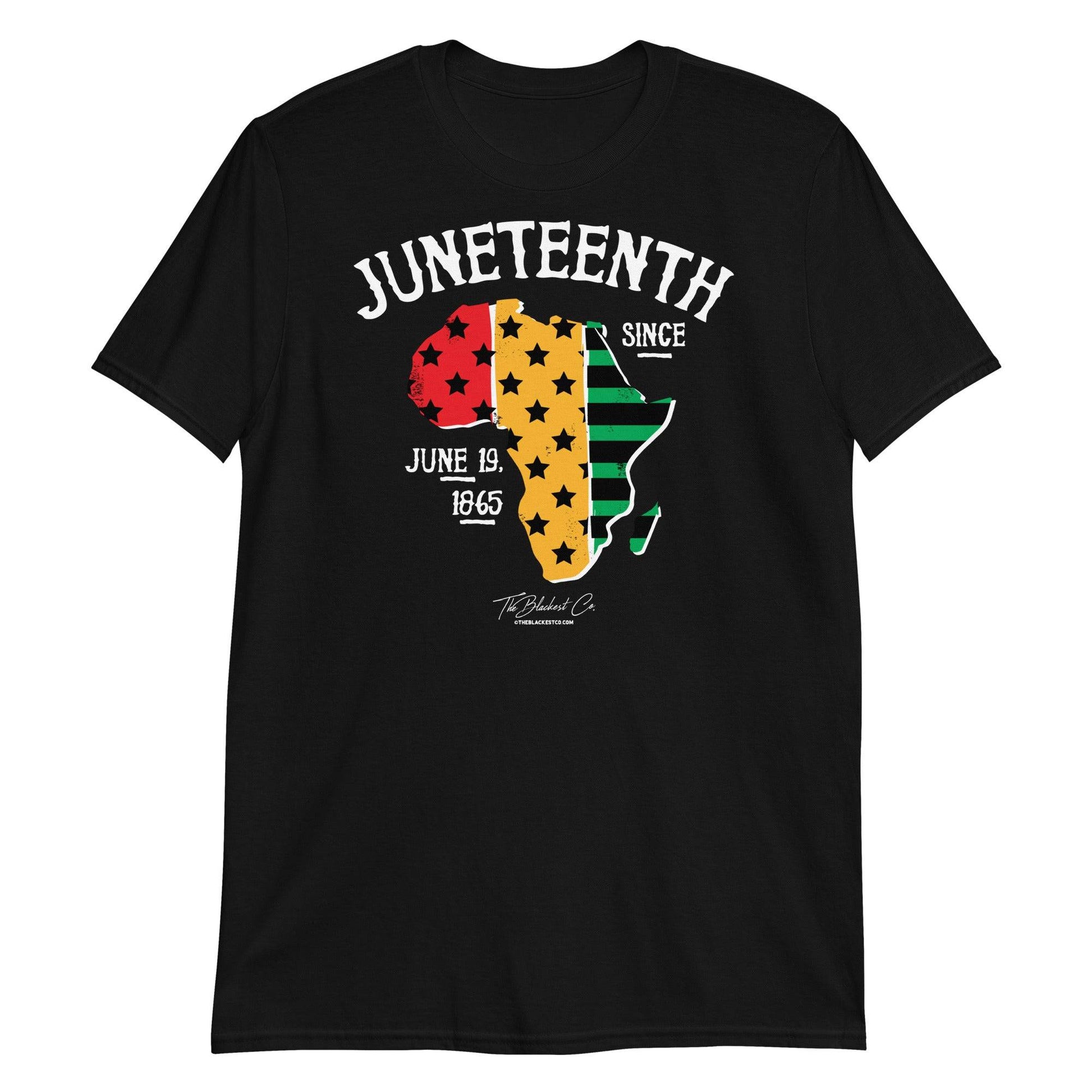 a black t - shirt with the words juneteenth and a map of Africa on it