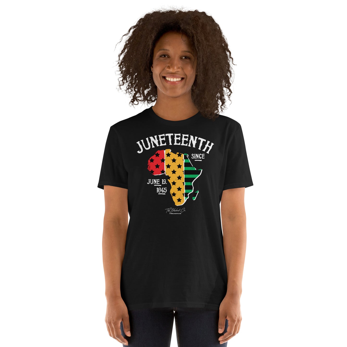 a woman wearing a black t - shirt with the words juneteenth and a map of Africa on it