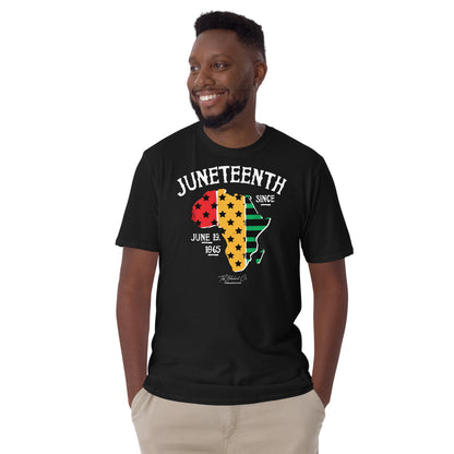 a man wearing a black t - shirt with the words juneteenth and a map of Africa on it