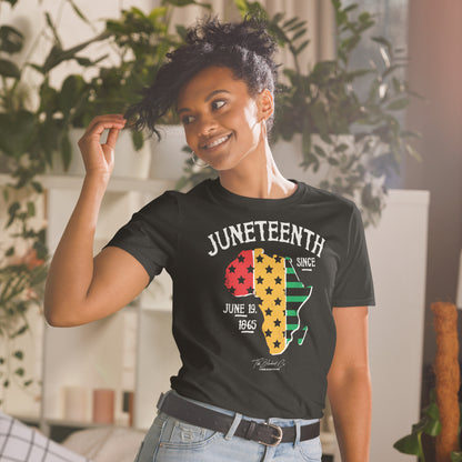 a woman wearing a t - shirt with the words juneteenth and a map of Africa on it