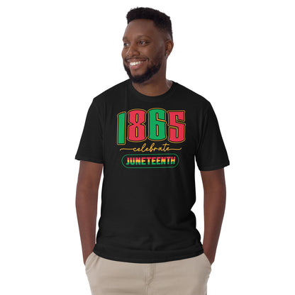 a man wearing a black t - shirt with the words 1865 celebrating juneteenth