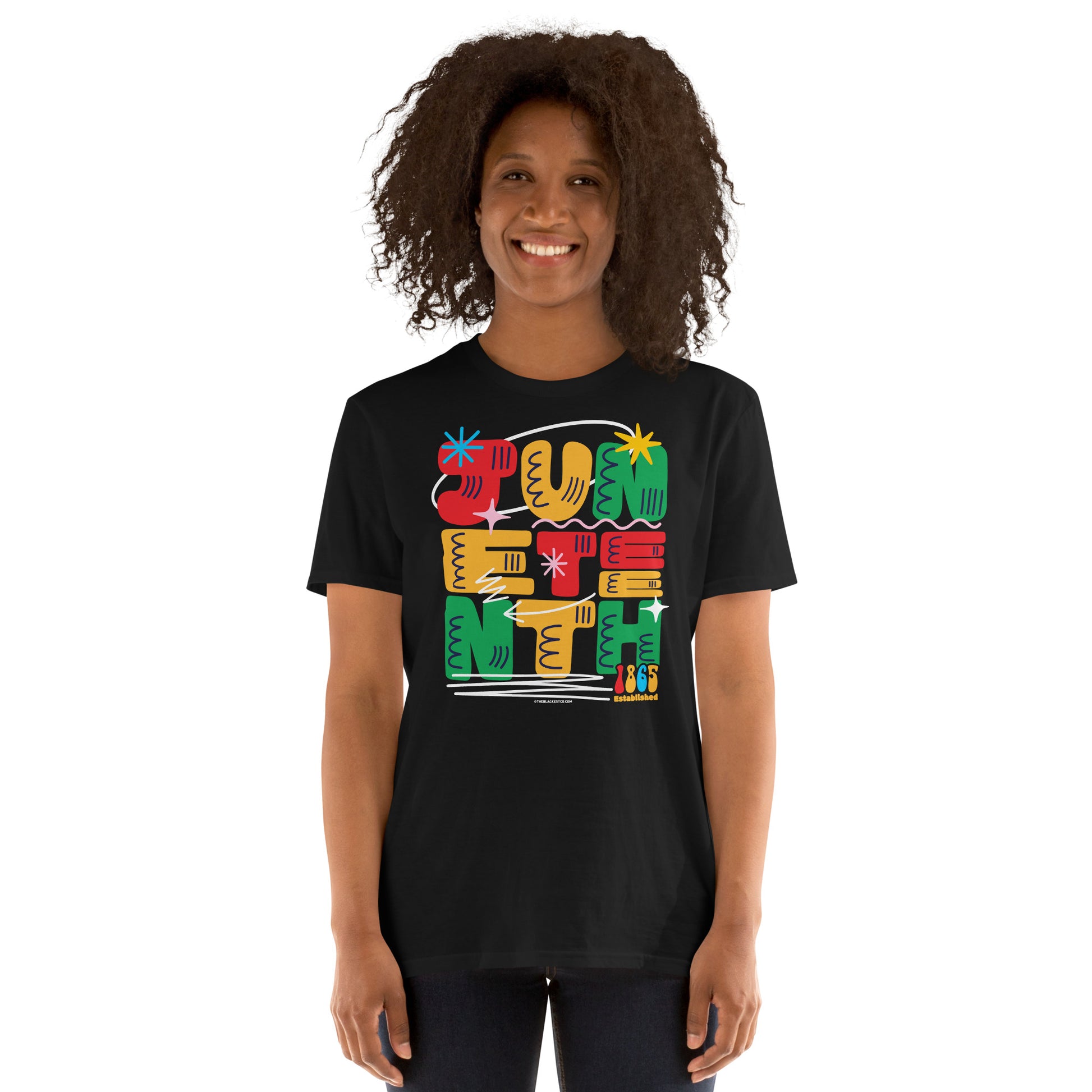 a woman wearing a black t - shirt with the words juneteenth on it