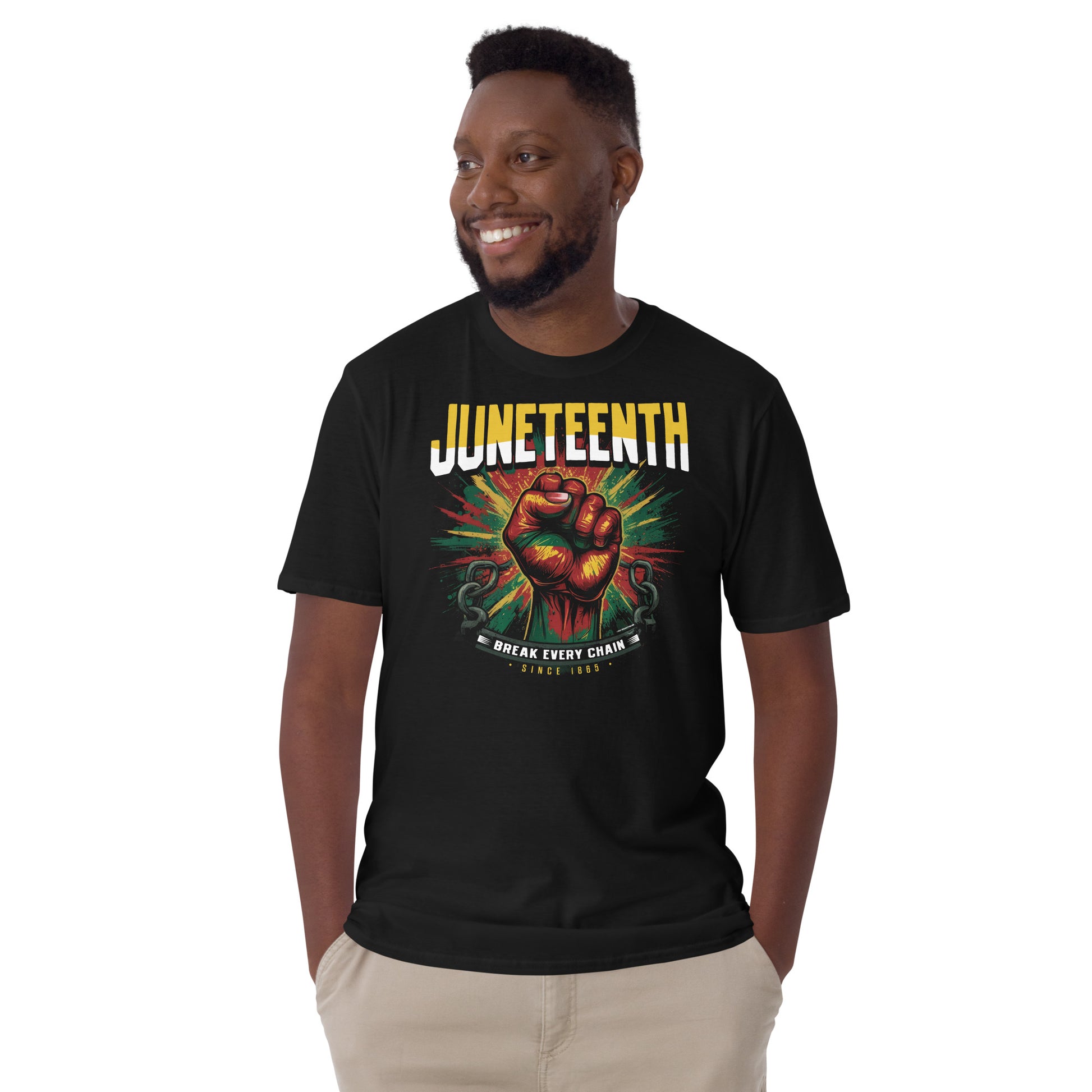 Man wearing Juneteenth Break Every Chain unisex t-shirt