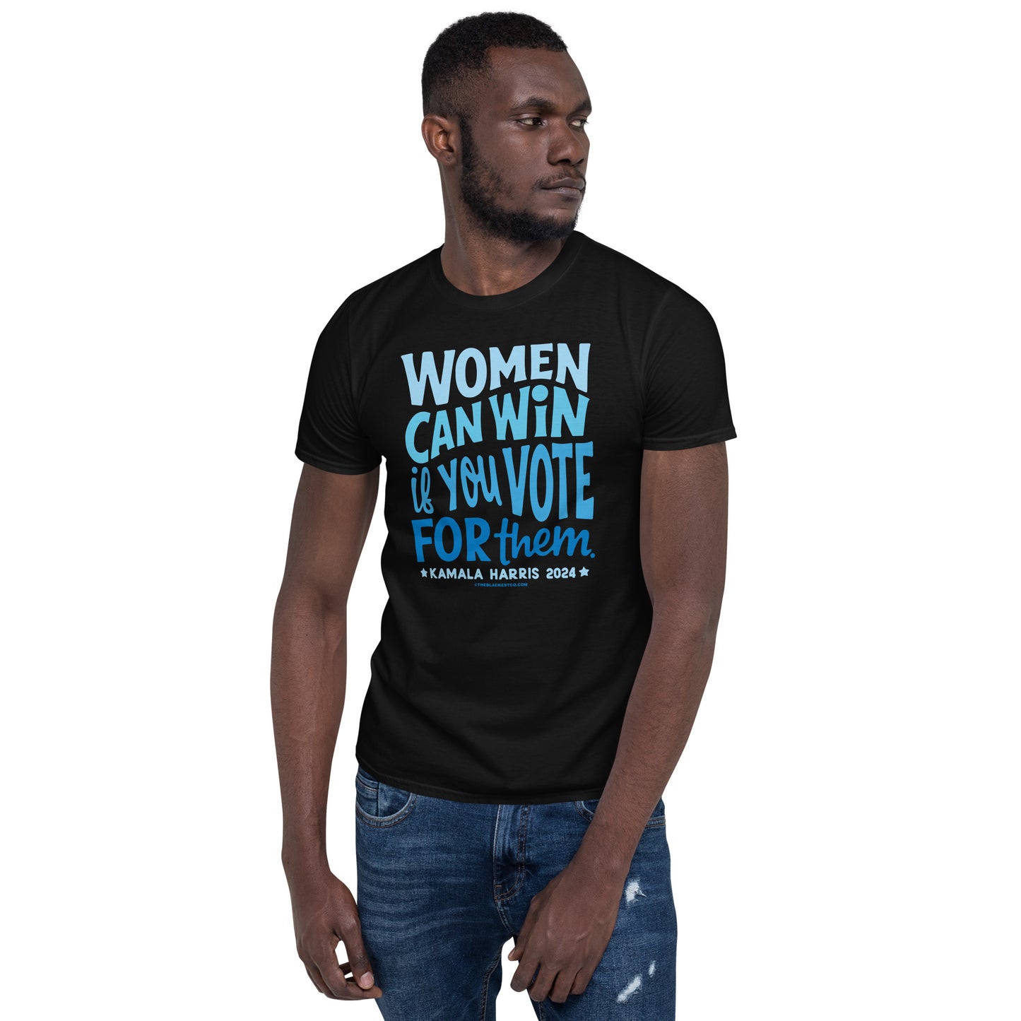 Man in black t-shirt featuring 'Women Can Win' message