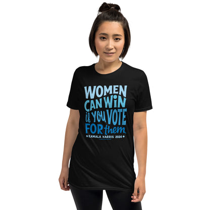 Woman in black t-shirt with 'Women Can Win' slogan