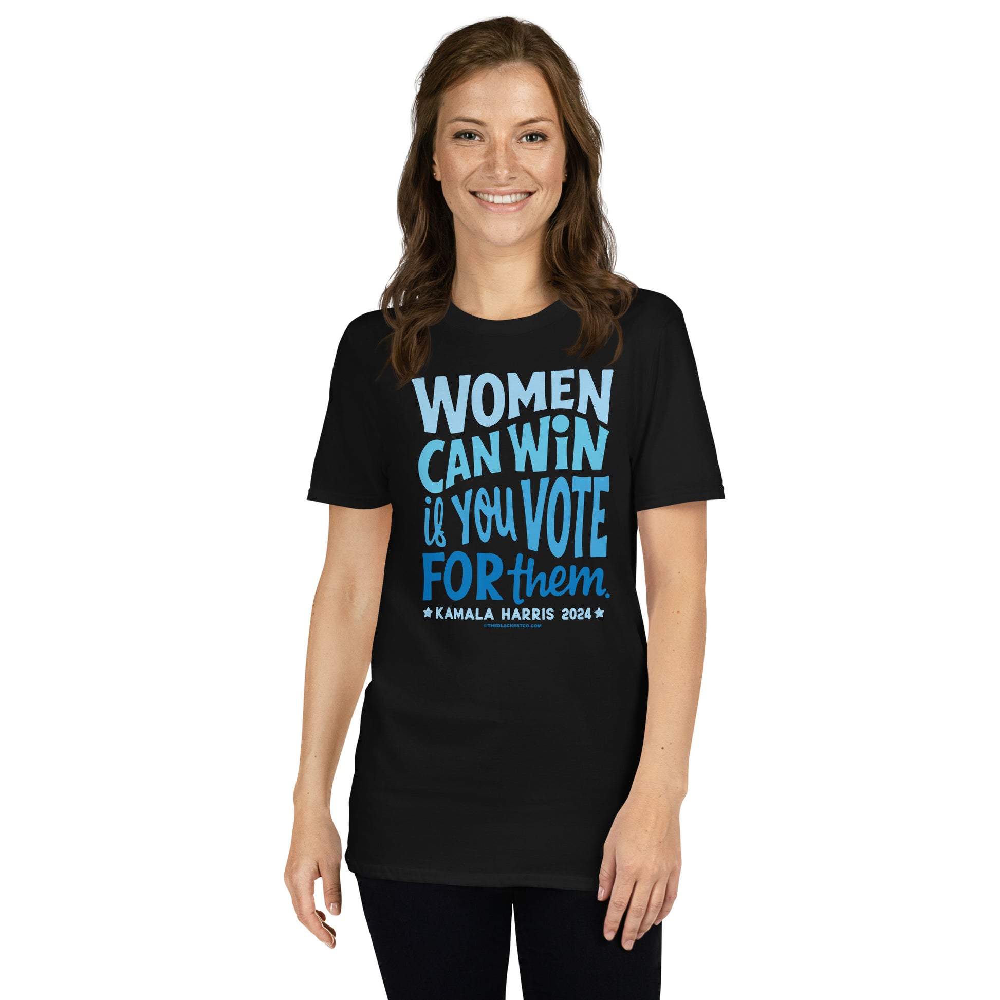 Smiling woman in black t-shirt with election message