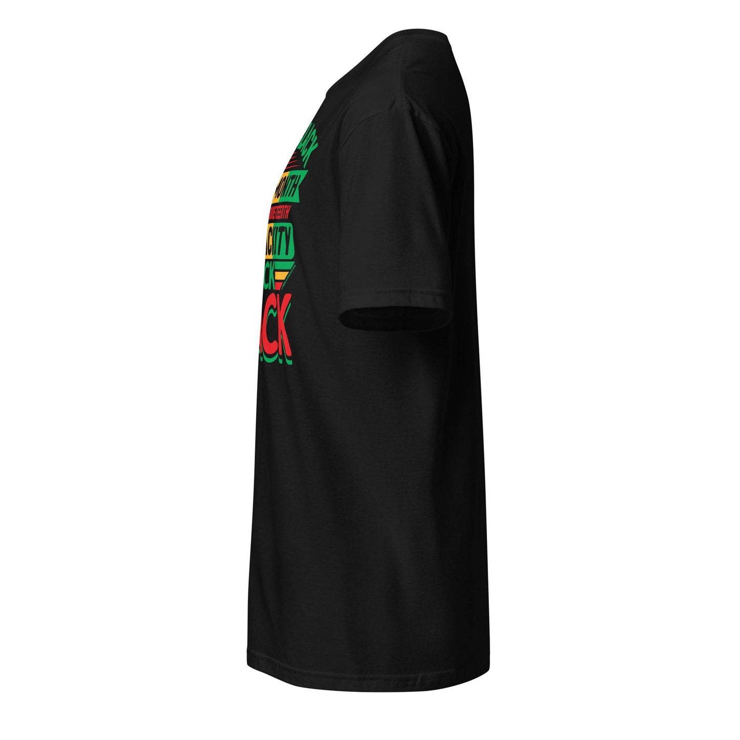 a black shirt with a green and red design on the chest