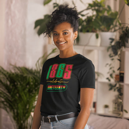 a smiling woman in a black shirt with the words 1865 celebrating juneteenth