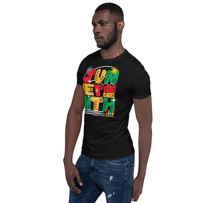 a man wearing a black t - shirt with a colorful design with the words juneteenth on it