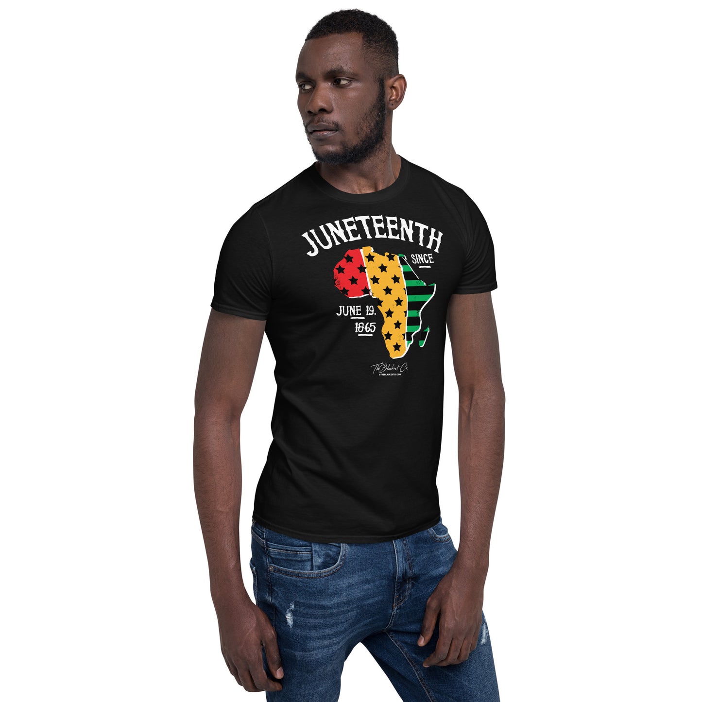 a man wearing a black t - shirt with the words juneteenth and a map of Africa on it