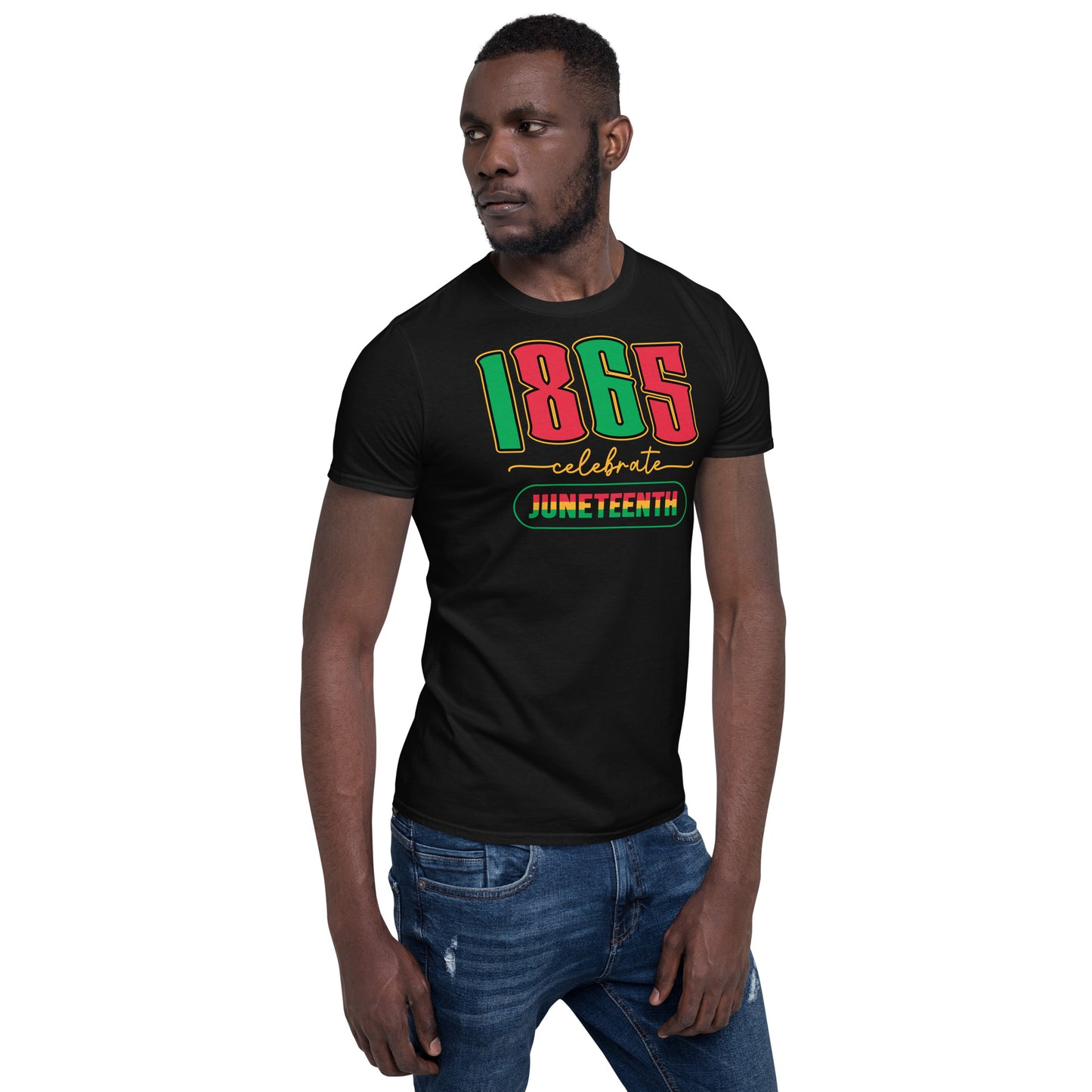 a man wearing a black shirt with the words 1865 celebrating juneteenth