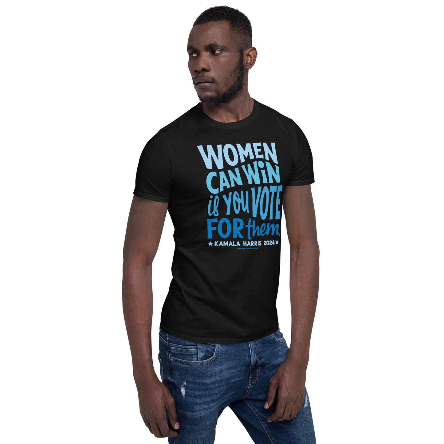 Man modeling black t-shirt with political support text