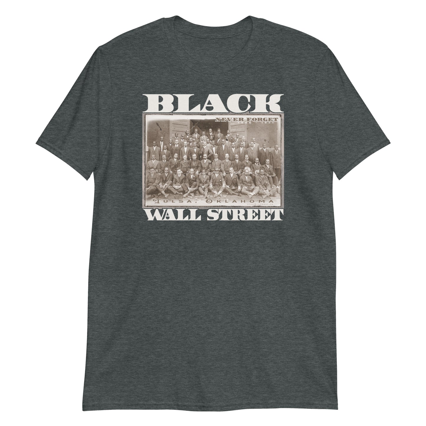 grey t shirt with a black and white photo of black wall street