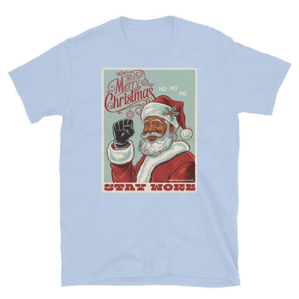 Light blue Black Santa Stay Woke graphic t-shirt