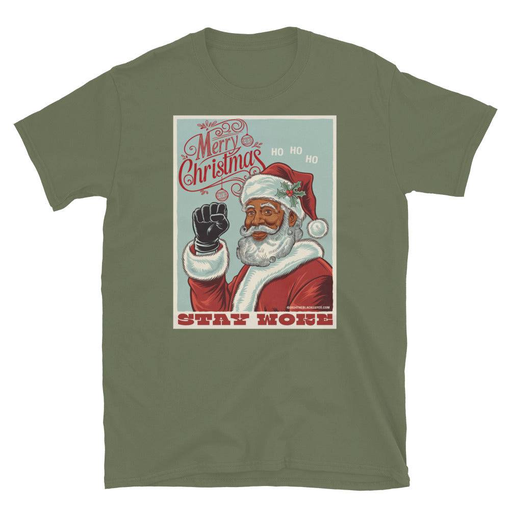 Green Black Santa Stay Woke graphic t-shirt