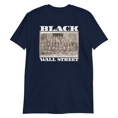 a black wall street t - shirt with a picture of a group of people