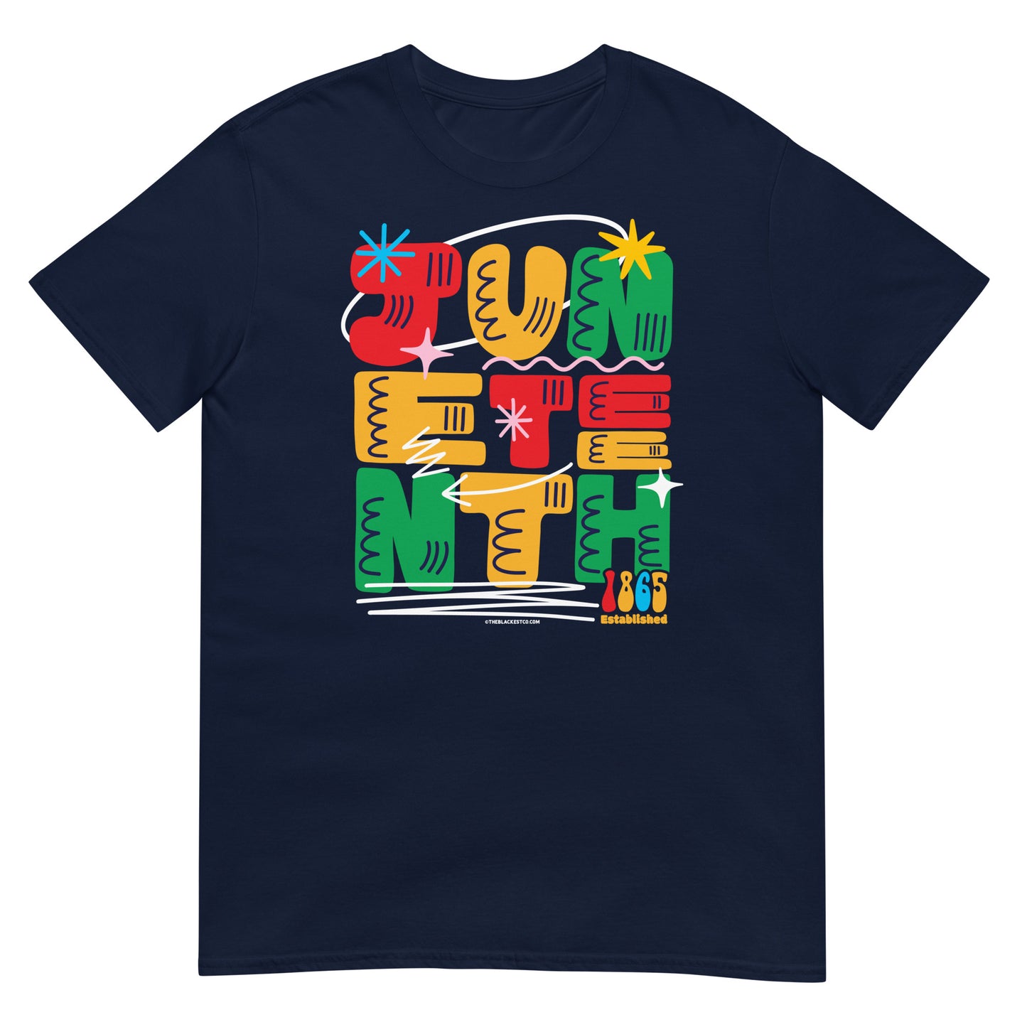 a navy t - shirt with a colorful design with the words juneteenth on it