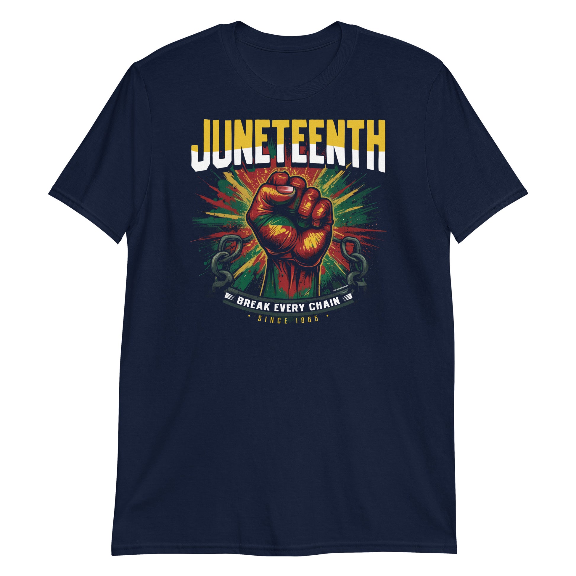 Navy Juneteenth Break Every Chain unisex t-shirt with fist graphic