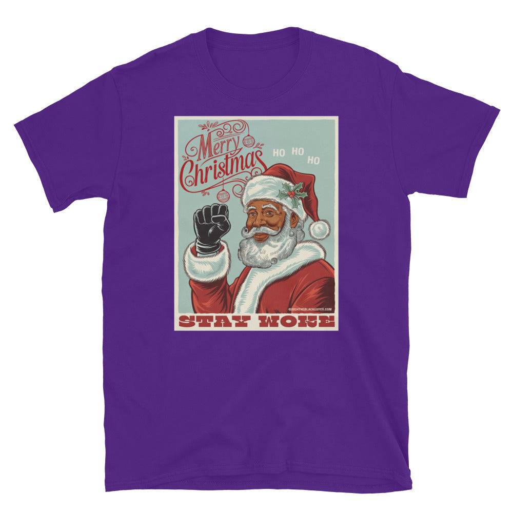 Purple Black Santa Stay Woke graphic t-shirt